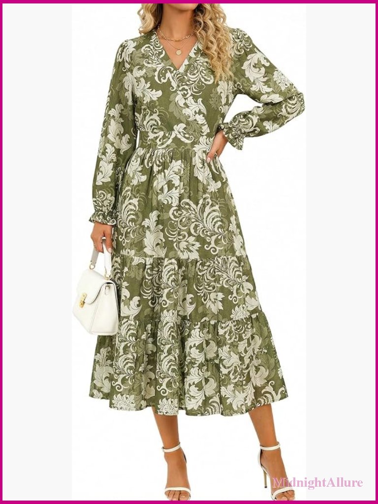 Boho Floral Midi Dress - V Neck Long Sleeve Flowy Casual Wedding Guest